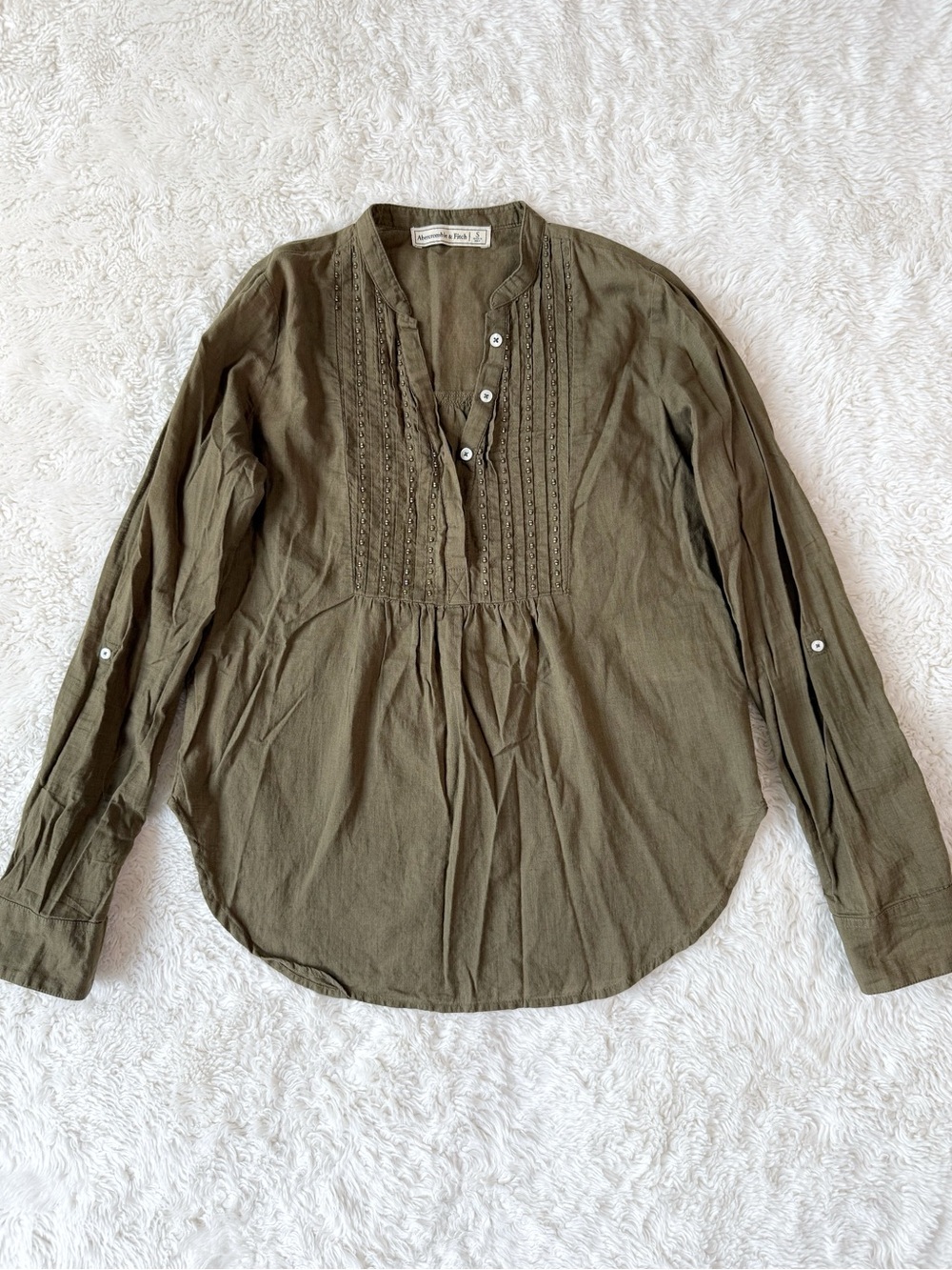 Abercrombie & Fitch Olive Green Cotton V-Neck  Relax Henley Blouse SMALL Boho